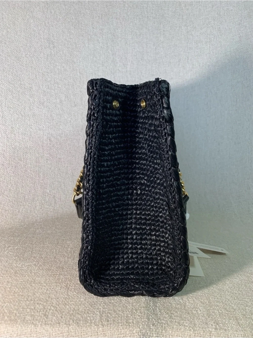 NEW Tory Burch Ella Melange Chain Strap Black Raffia Small Tote Bag